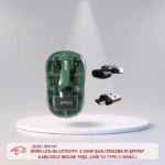 JEDEL WD141 WİRELLES+BLUETOOTH  2.4GHZ ŞARJ EDİLEBİLİR ŞEFFAF KABLOSUZ MOUSE YEŞİL (USB TO TYPE-C NANO )