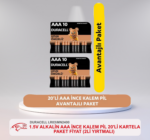 DURACELL LR03\MN2400  1.5V ALKALİN AAA İNCE KALEM PİL 20'Lİ KARTELA PAKET FİYAT (2Lİ YIRTMALI)